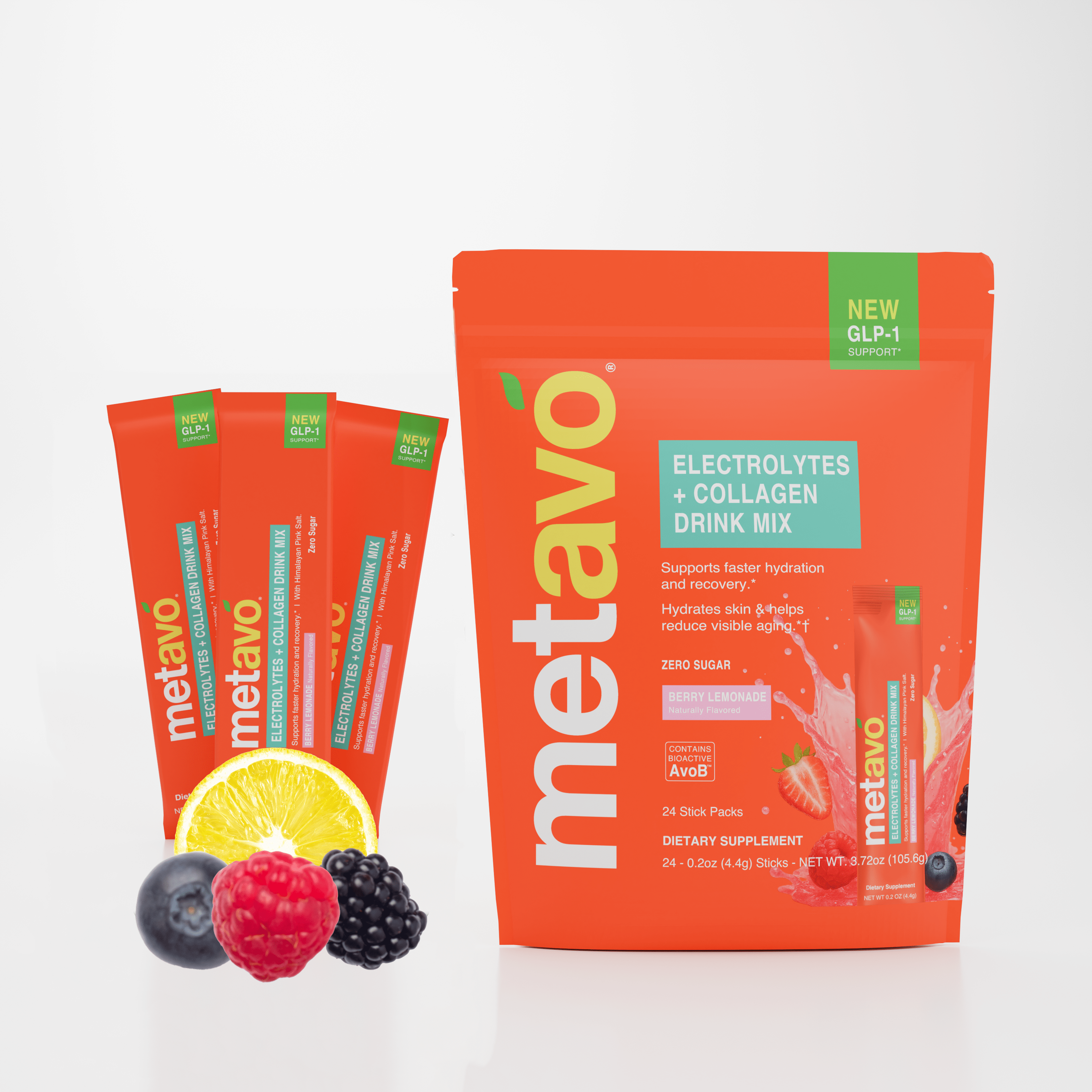 Metavo.com Metavo GLP-1 Metavo Electrolytes + Collagen Drink Mix with AvoB™ - Hydration, Recovery & Anti-Aging Support Berry Lemonade