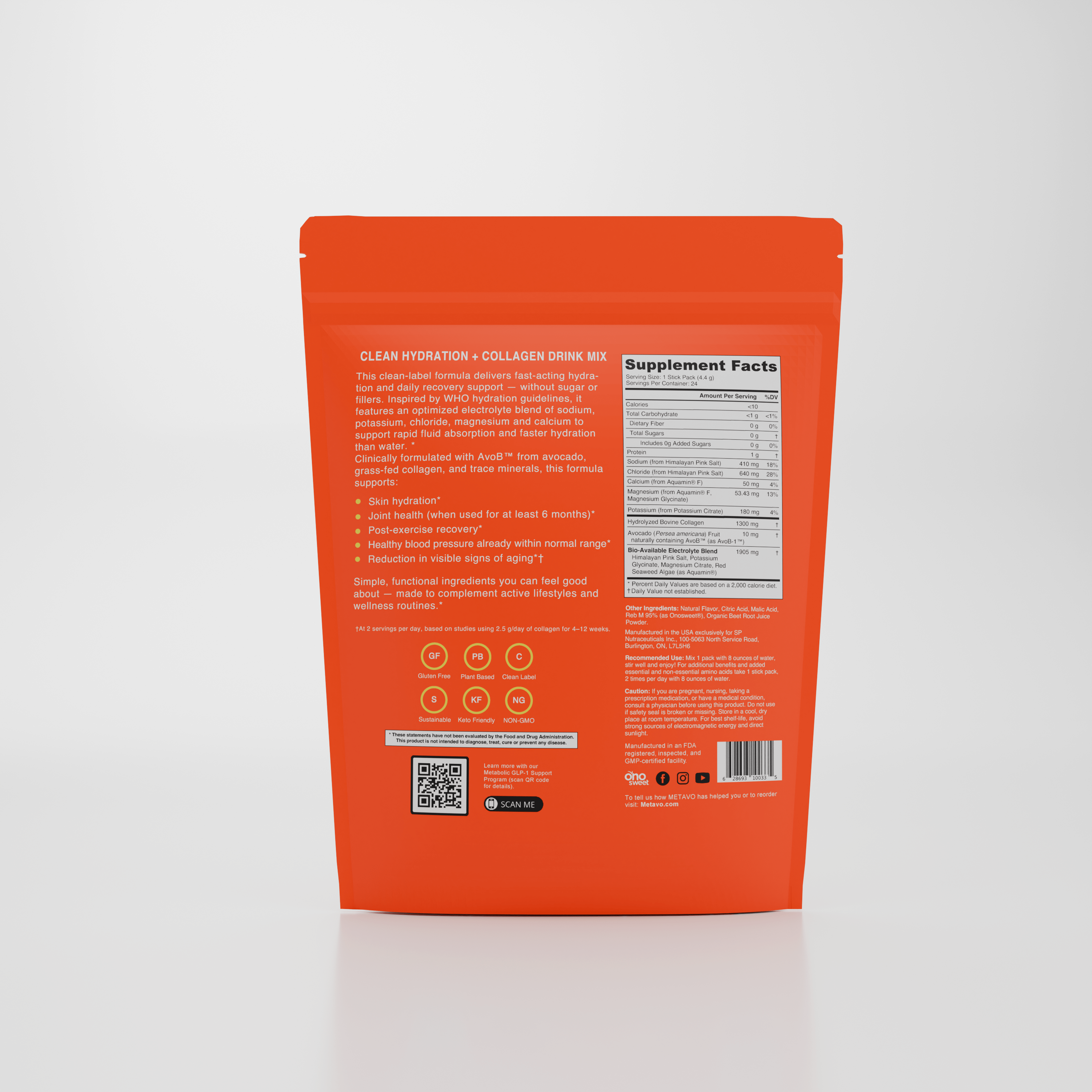 Metavo.com Metavo GLP-1 Metavo Electrolytes + Collagen Drink Mix with AvoB™ - Hydration, Recovery & Anti-Aging Support Berry Lemonade