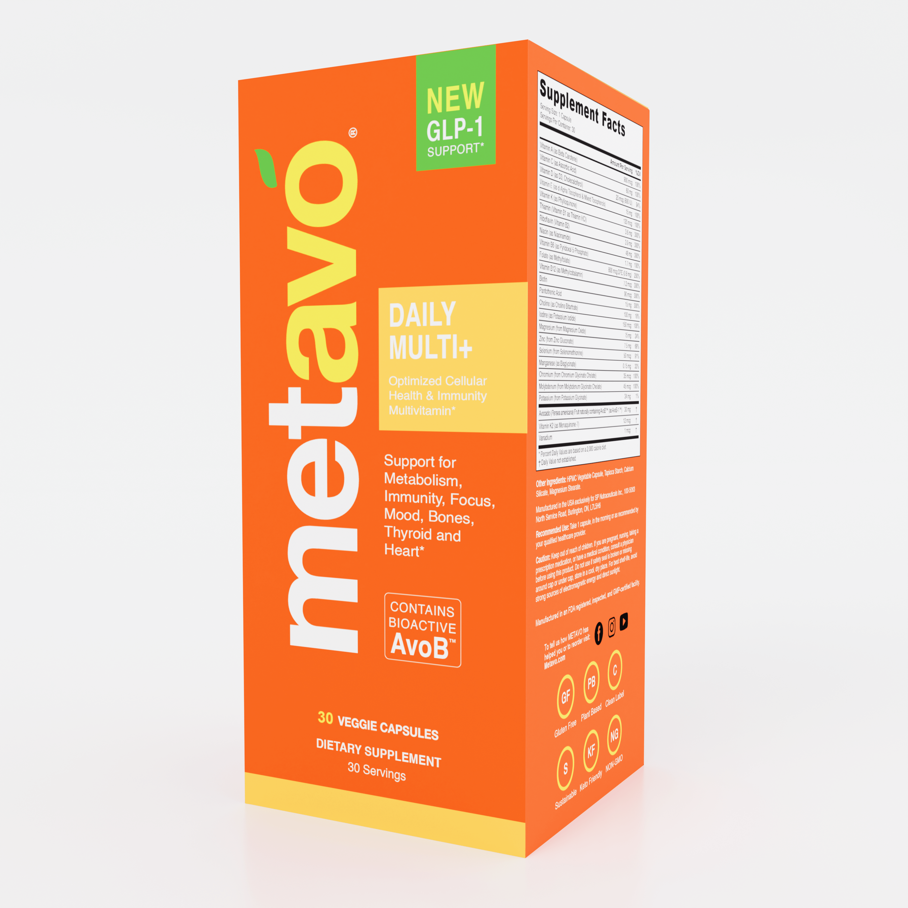 Metavo.com Metavo GLP-1 Metavo Daily Multi+ with GLP-1 Support - Cellular Health & Immunity Multivitamin with AvoB™ (30 Veggie Capsules)